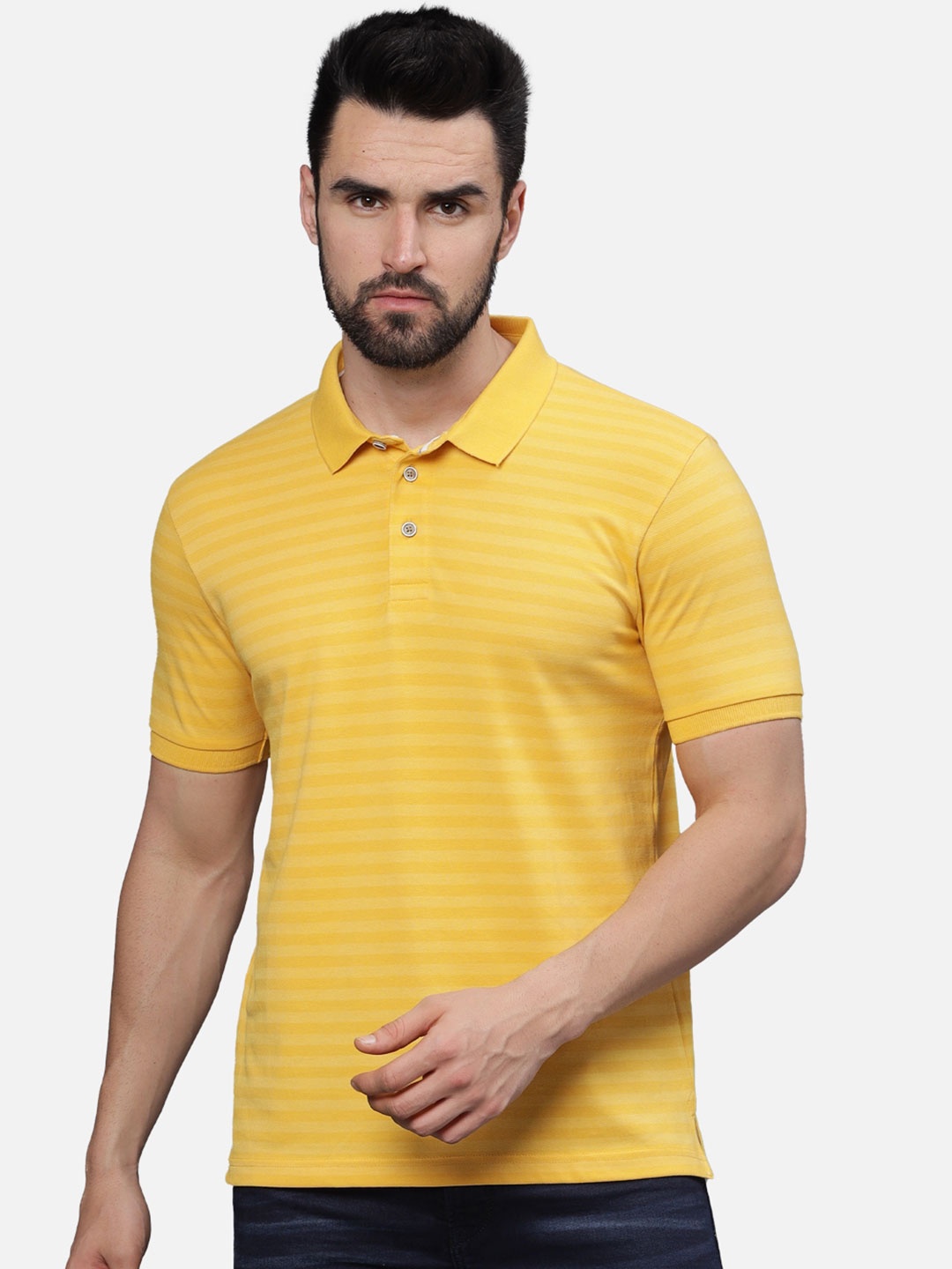 

t-base Men Striped Polo Collar T-shirt, Yellow