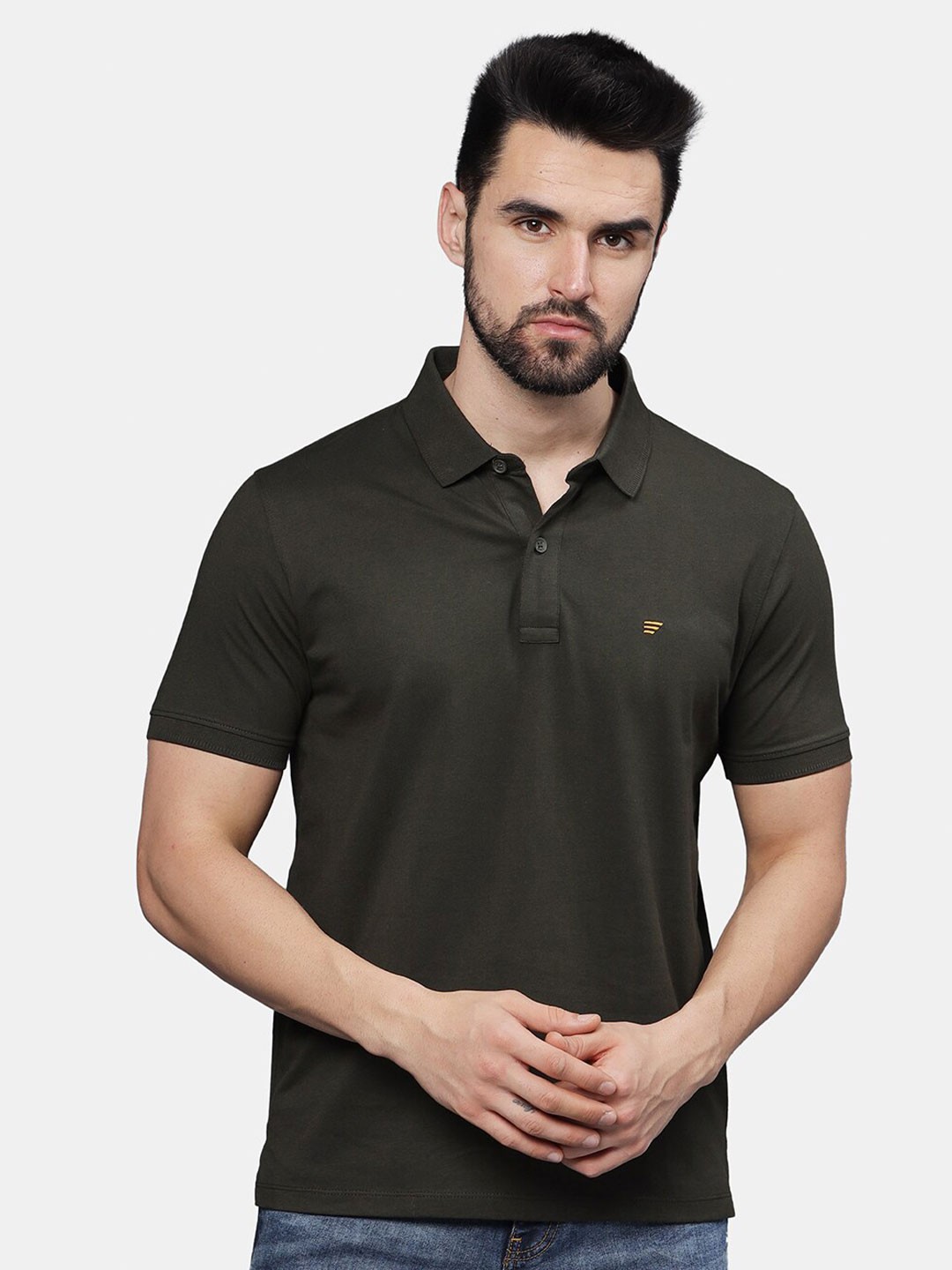 

t-base Men Polo Collar Pockets T-shirt, Olive