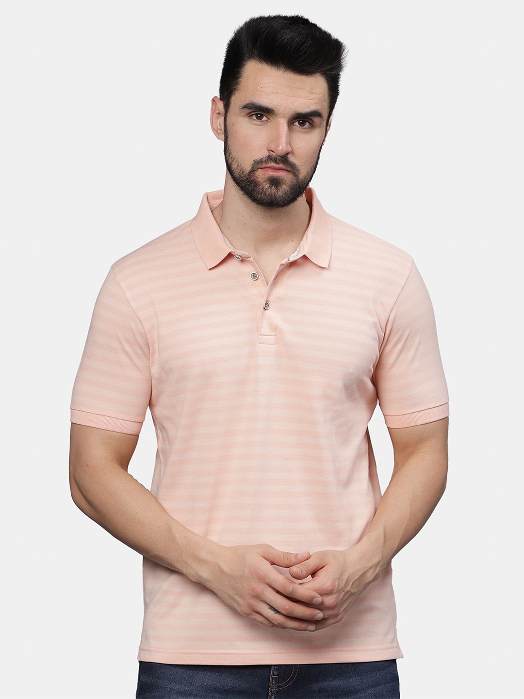 

t-base Men Striped Polo Collar Pockets T-shirt, Peach