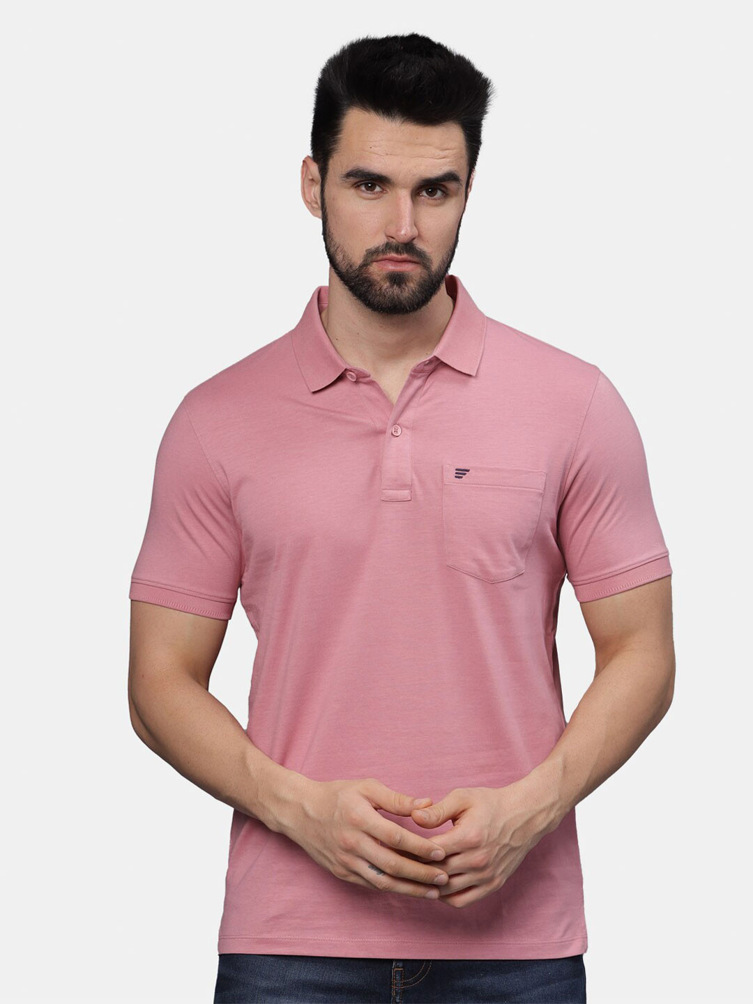 

t-base Men Polo Collar Pockets T-shirt, Pink