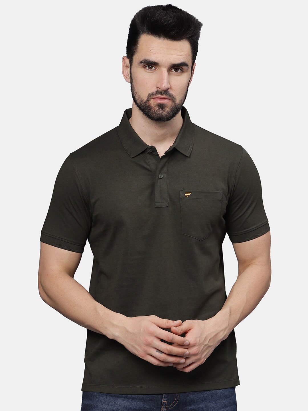 

t-base Men Polo Collar Pockets T-shirt, Olive