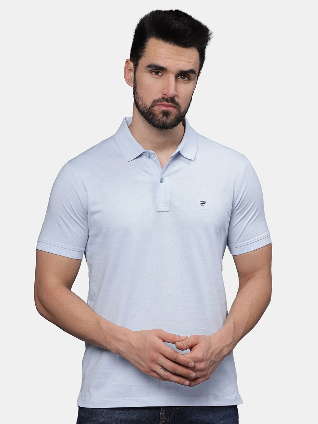 

t-base Men Polo Collar Applique T-shirt, Blue