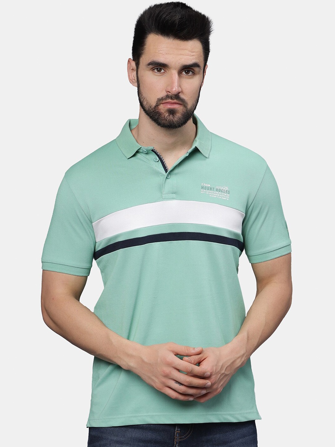 

t-base Men Striped Polo Collar Pockets T-shirt, Green
