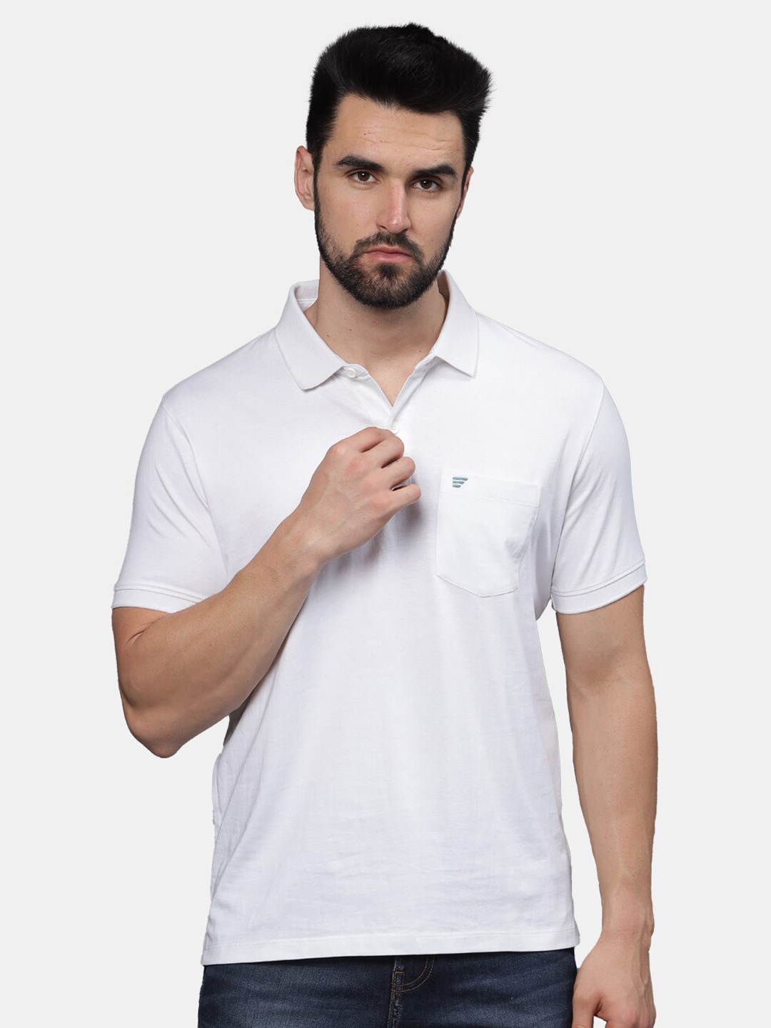 

t-base Men Polo Collar Pockets T-shirt, White