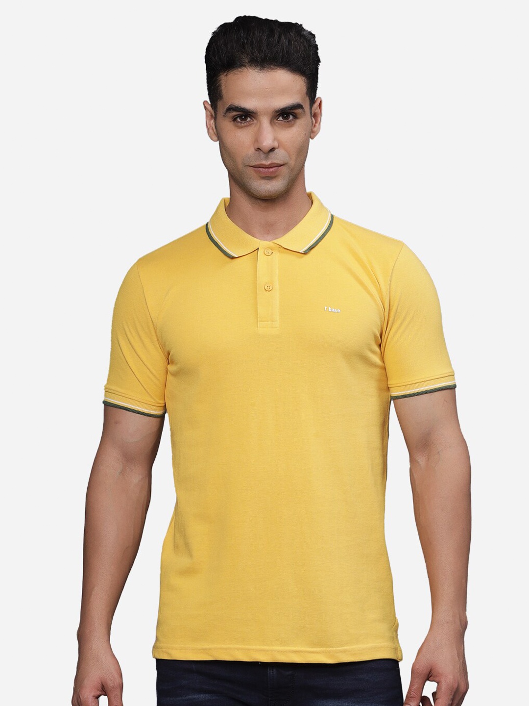 

t-base Men Polo Collar Applique T-shirt, Yellow