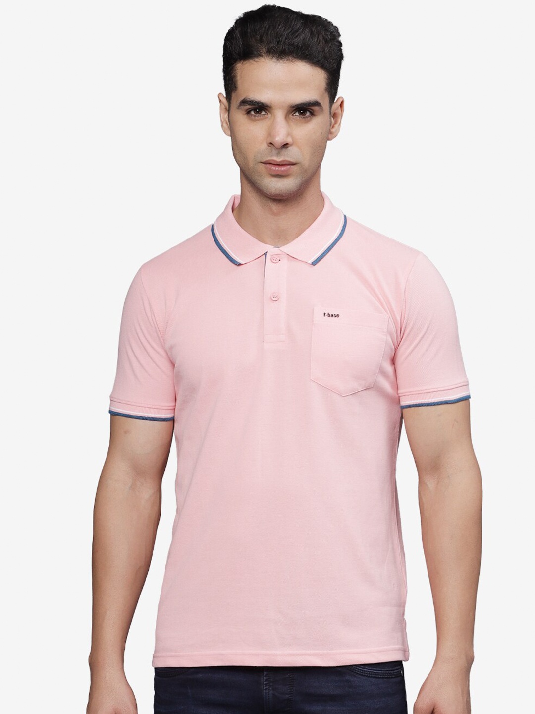 

t-base Men Polo Collar Pockets T-shirt, Pink