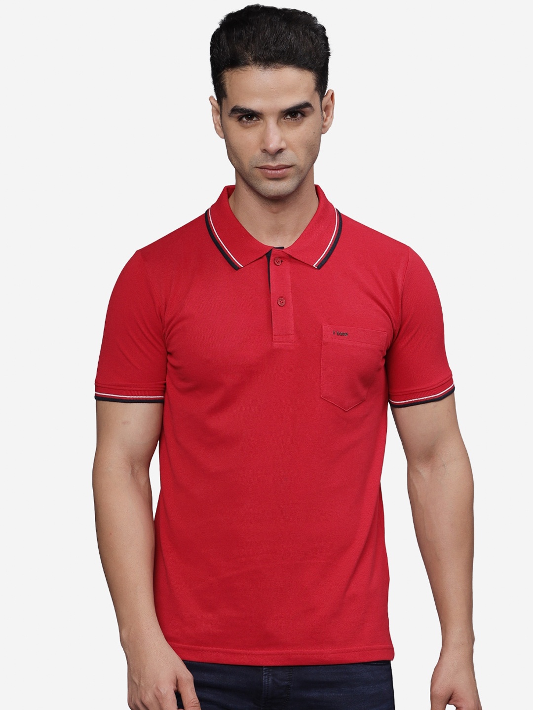 

t-base Men Polo Collar Pockets T-shirt, Red