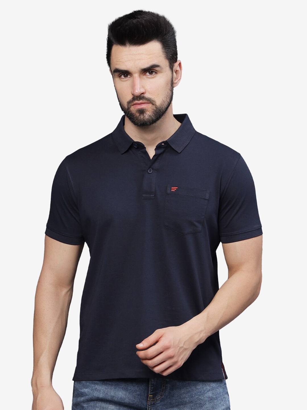 

t-base Men Polo Collar Pockets T-shirt, Navy blue