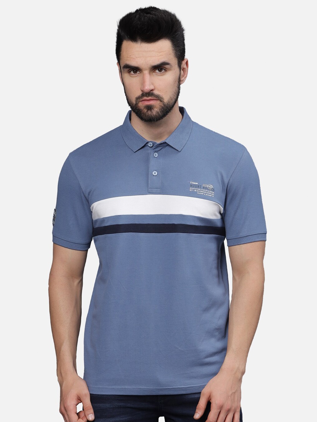 

t-base Men Polo Collar Applique T-shirt, Blue