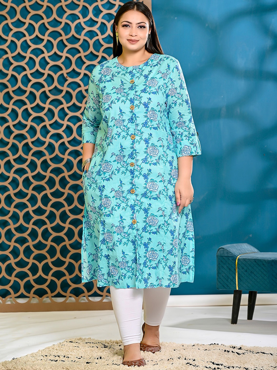 

PUMPUI Plus Size Floral Printed Roll Up Sleeves Cotton A-Line Kurta, Blue