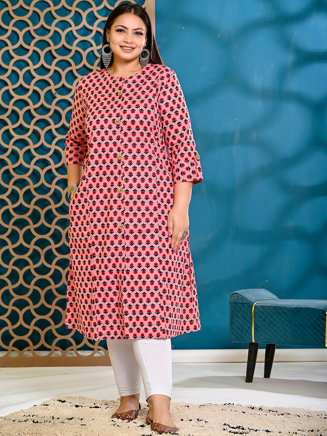 

PUMPUI Plus Size Floral Printed Roll Up Sleeves Cotton A-Line Kurta, Pink