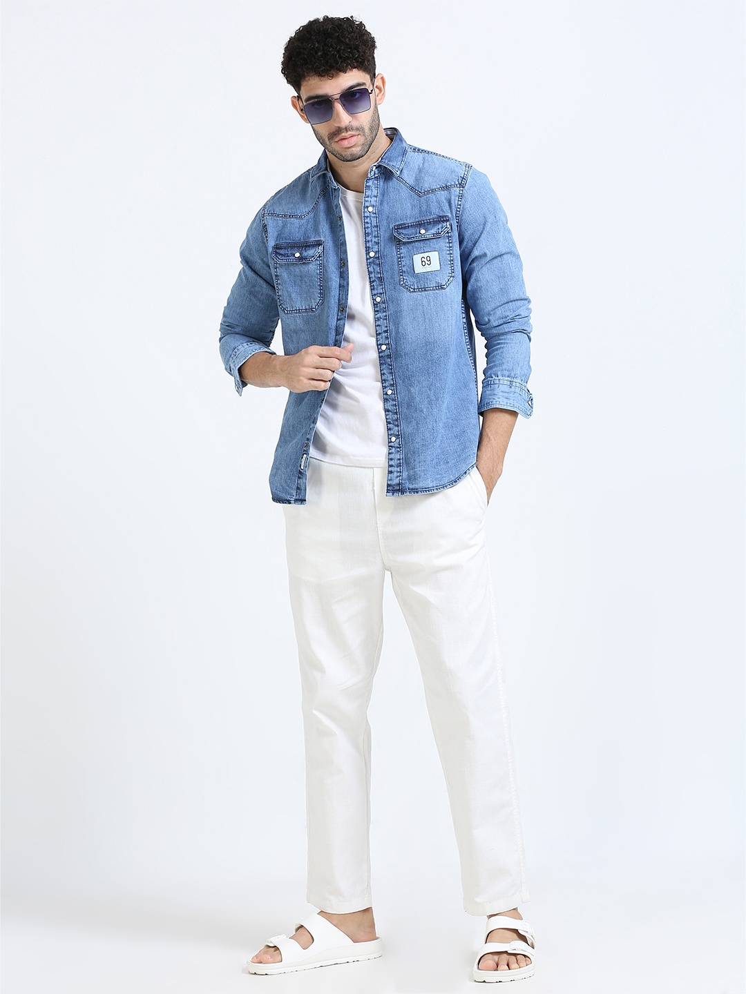 

FLY 69 Men Premium Slim Fit Faded Opaque Faded Casual Shirt, Blue