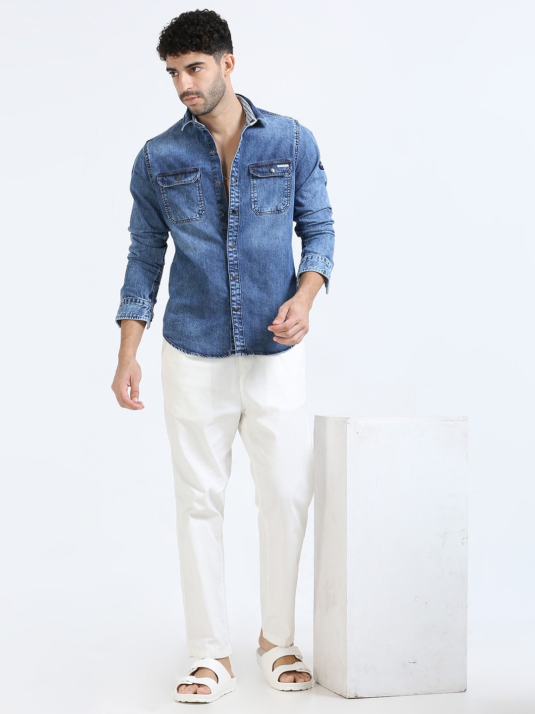 

FLY 69 Men Premium Slim Fit Faded Opaque Printed Casual Shirt, Blue