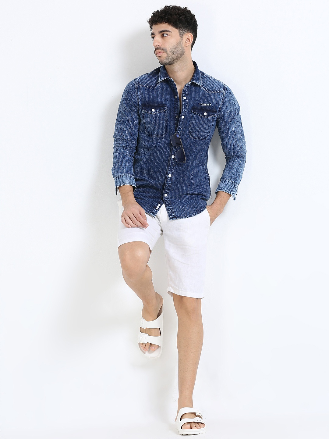 

FLY 69 Men Premium Slim Fit Faded Opaque Faded Casual Shirt, Blue