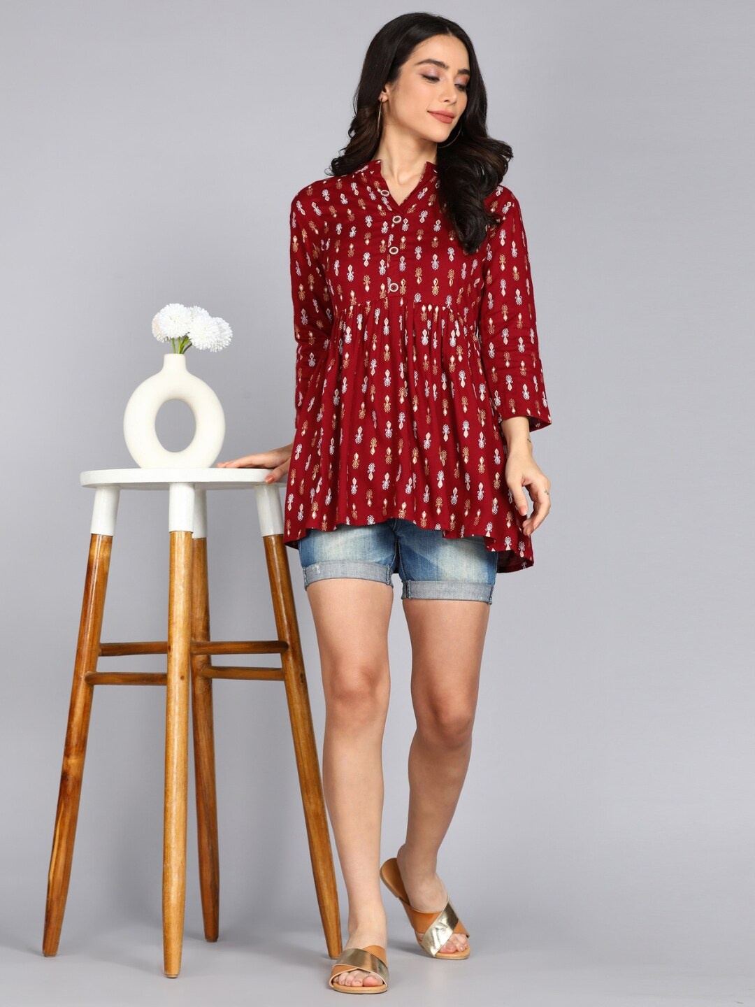 

ftDiva Paisley Printed Pleated Kurti, Maroon