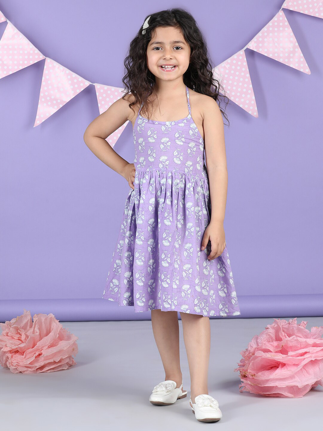 

Sangria Girls Purple Floral Printed Cotton Halter Neck A-Line Ethnic Dress
