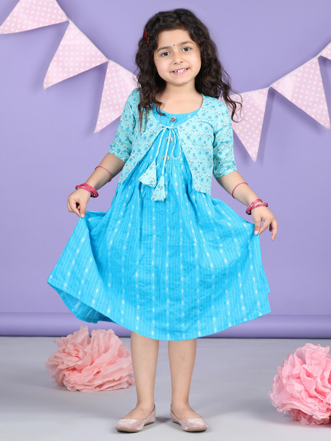 

Sangria Girls Blue Striped Cotton Sleeveless A-Line Ethnic Dress With Jacket