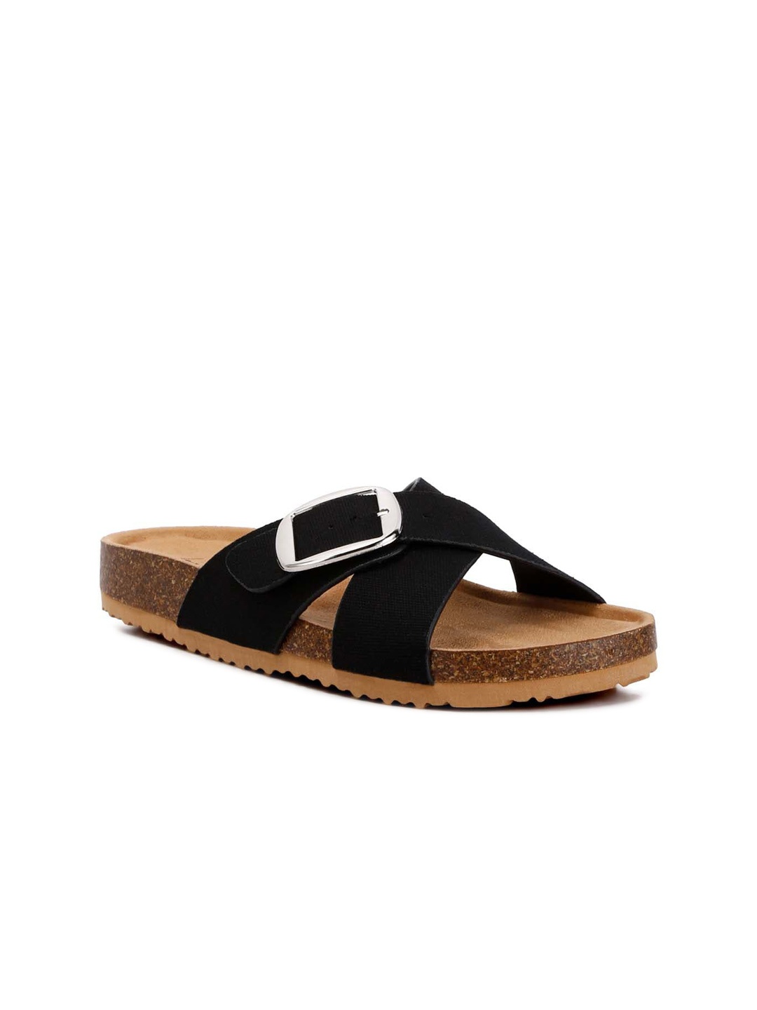 

London Rag Open Toe Flats with Buckles, Black