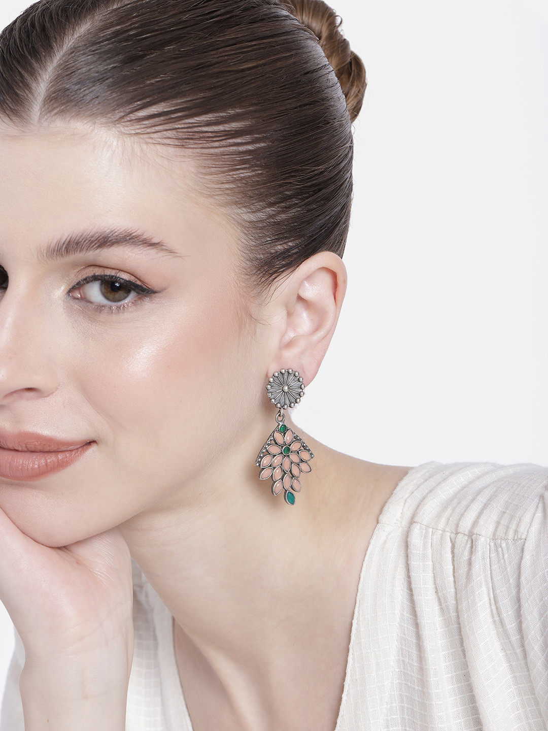 

AITIHYA Silver-Plated Artificial Stone Contemporary Drop Earrings