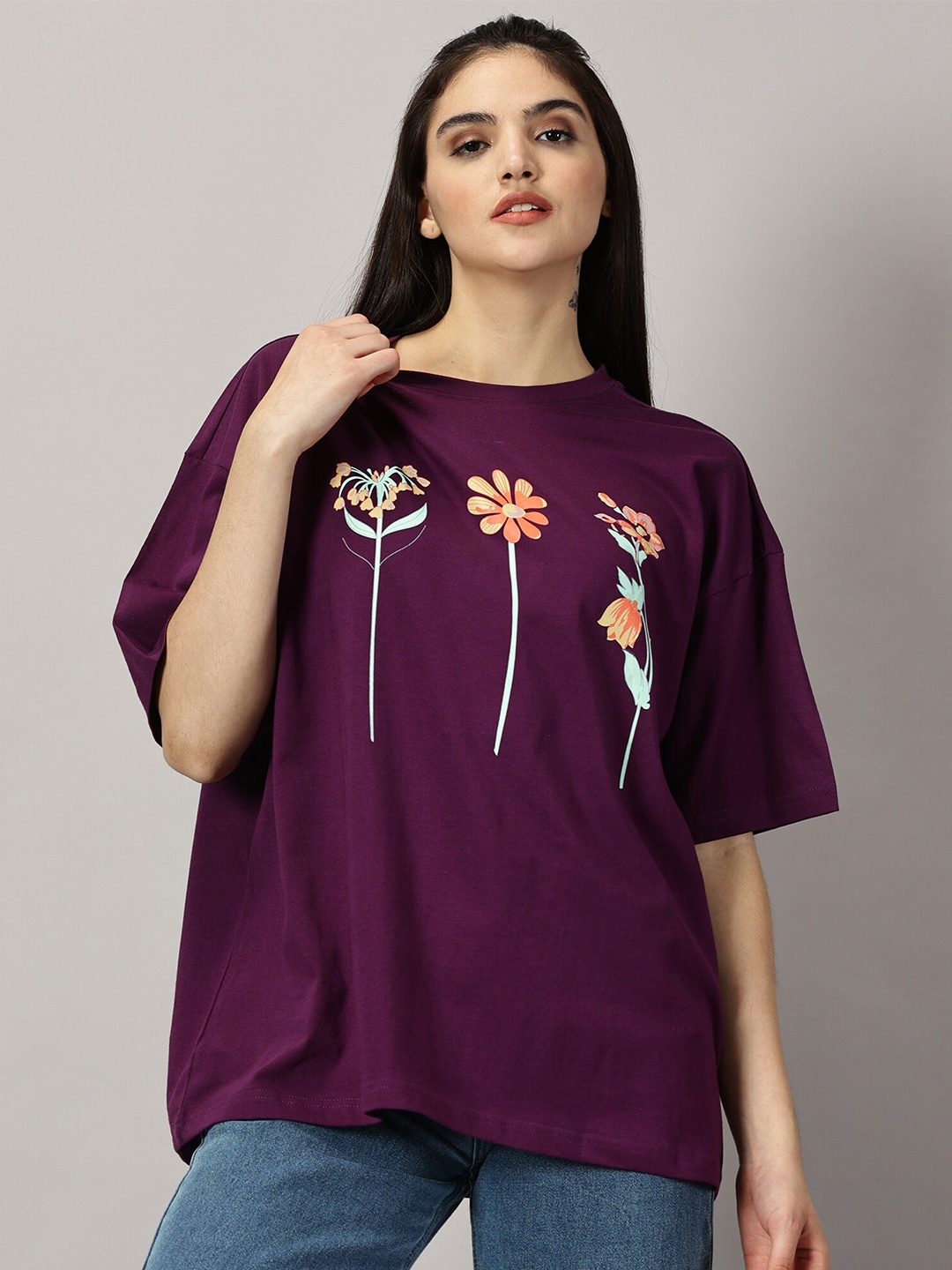 

THE HOLLANDER Floral Printed Drop-Shoulder Sleeves Pure Cotton Oversized T-shirt, Purple