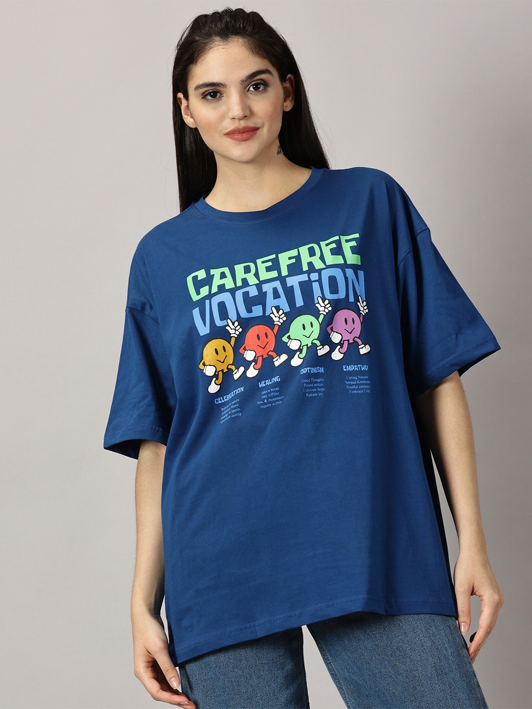 THE HOLLANDER Graphic Printed Drop-Shoulder Sleeves Pure Cotton Oversized T-shirt, Blue