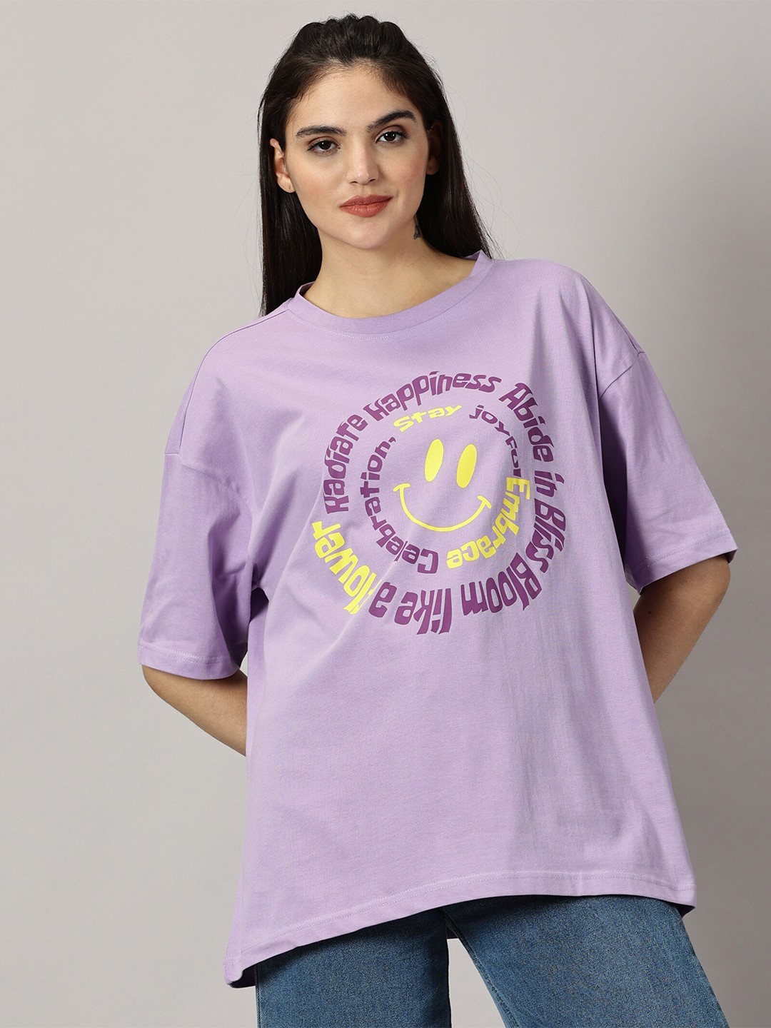 

THE HOLLANDER Women Typography Printed Drop-Shoulder Sleeves T-shirt, Lavender