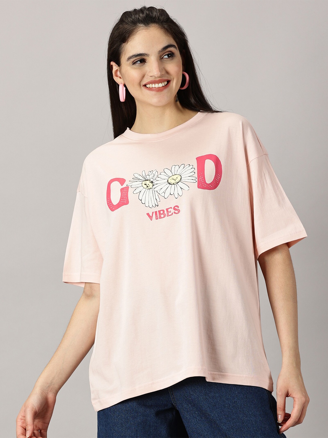 

THE HOLLANDER Women Typography Printed Drop-Shoulder Sleeves T-Shirt, Peach