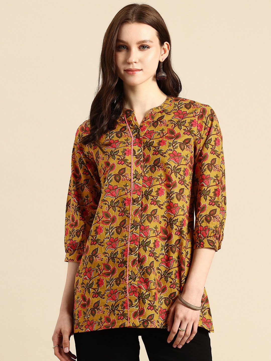 

A&K Floral Print Mandarin Collar Pure Cotton Top, Mustard