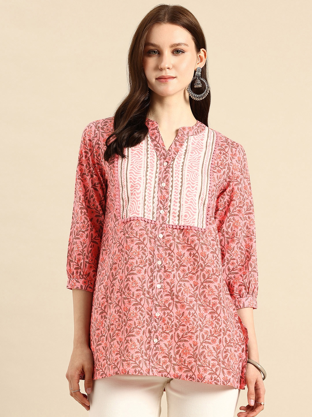 

A&K Floral Print Mandarin Collar Pure Cotton Top, Pink