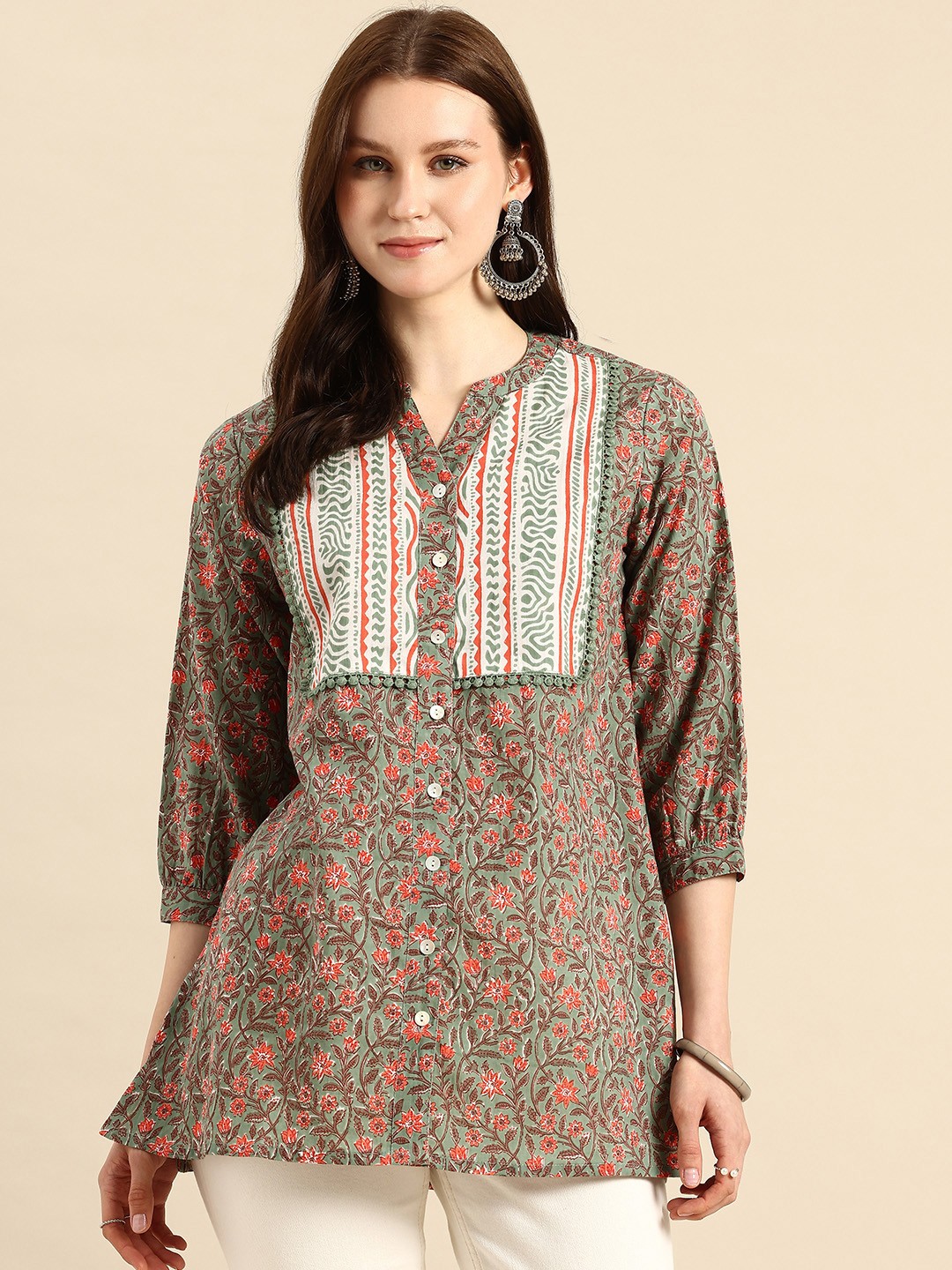 

A&K Floral Print Mandarin Collar Pure Cotton Top, Green