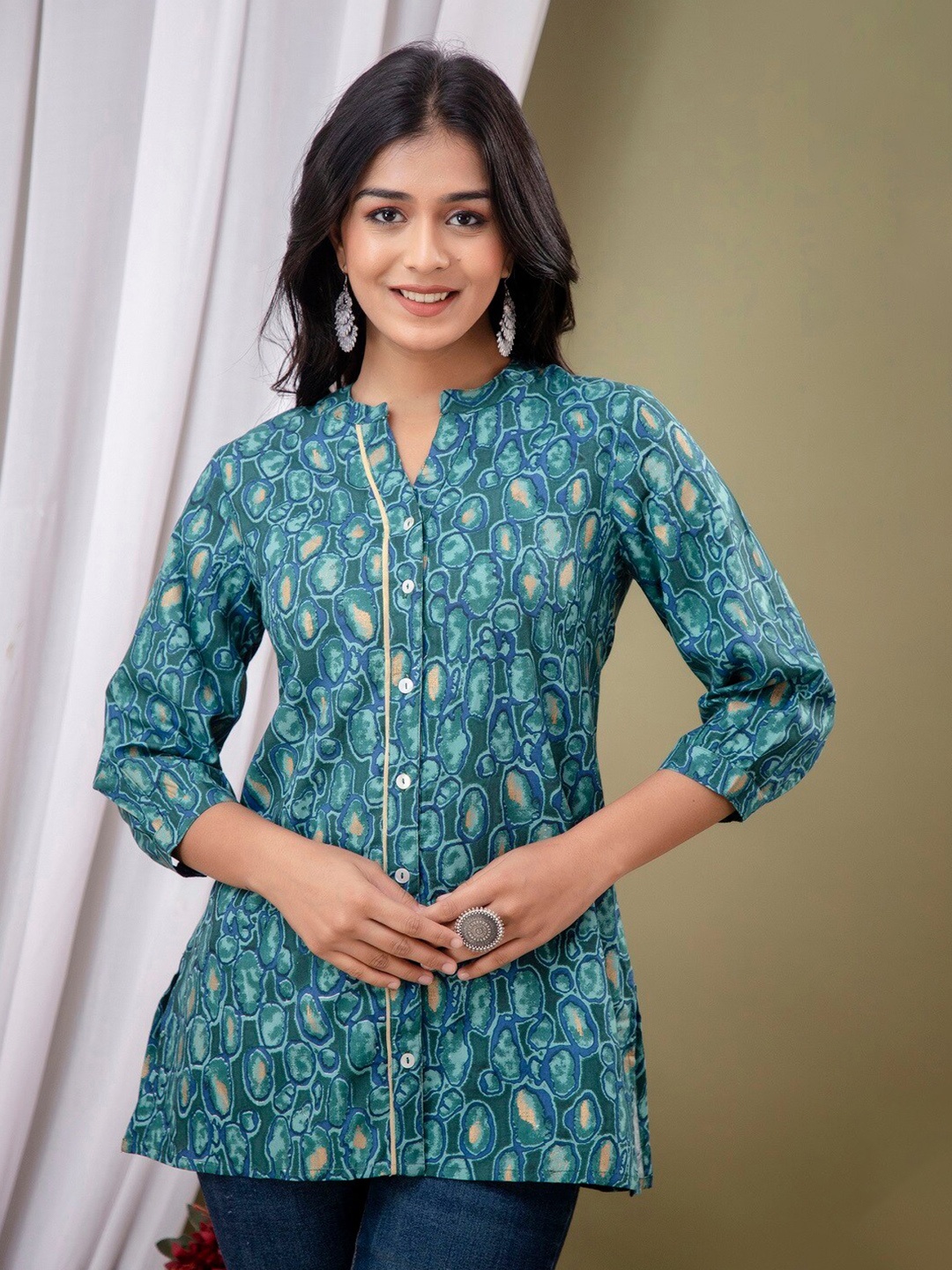 

A&K Floral Print Mandarin Collar Shirt Style Top, Green
