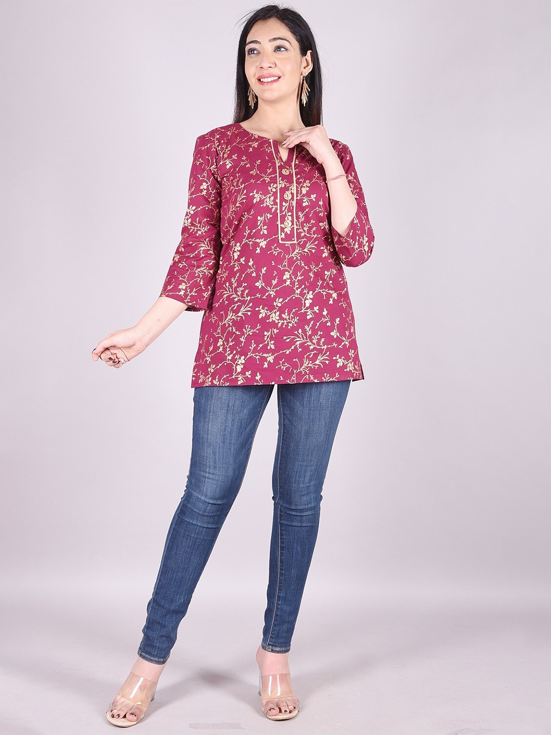 

A&K Floral Print Tie-Up Neck Bell Sleeve Top, Maroon