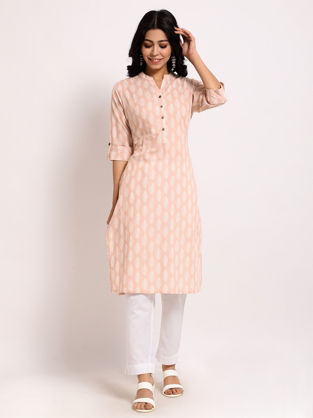 

Beyoung Floral Printed Mandarin Collar Cotton Straight Kurta, Beige