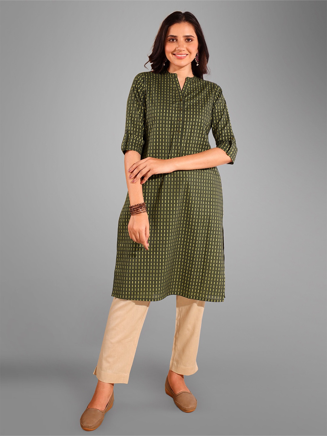 

Beyoung Geometric Printed Mandarin Collar Cotton Straight Kurta, Green
