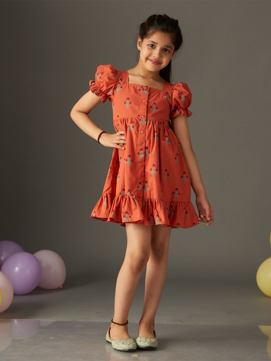

KidsDew Girls Floral Print Puff Sleeves Cotton Fit & Flare Dress, Coral