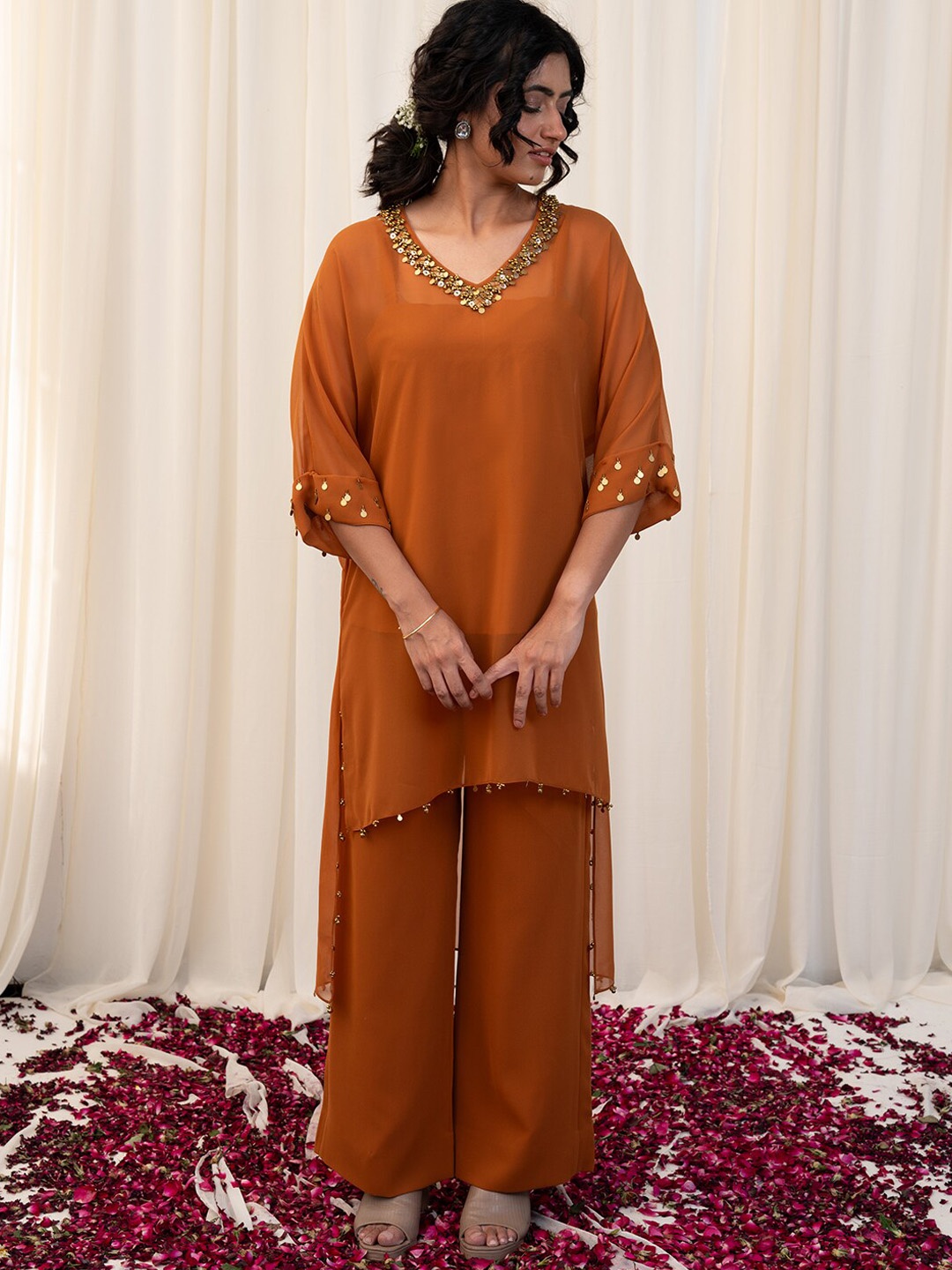 

RIRASA Embellished Tunic And Trousers With Camisole, Mustard