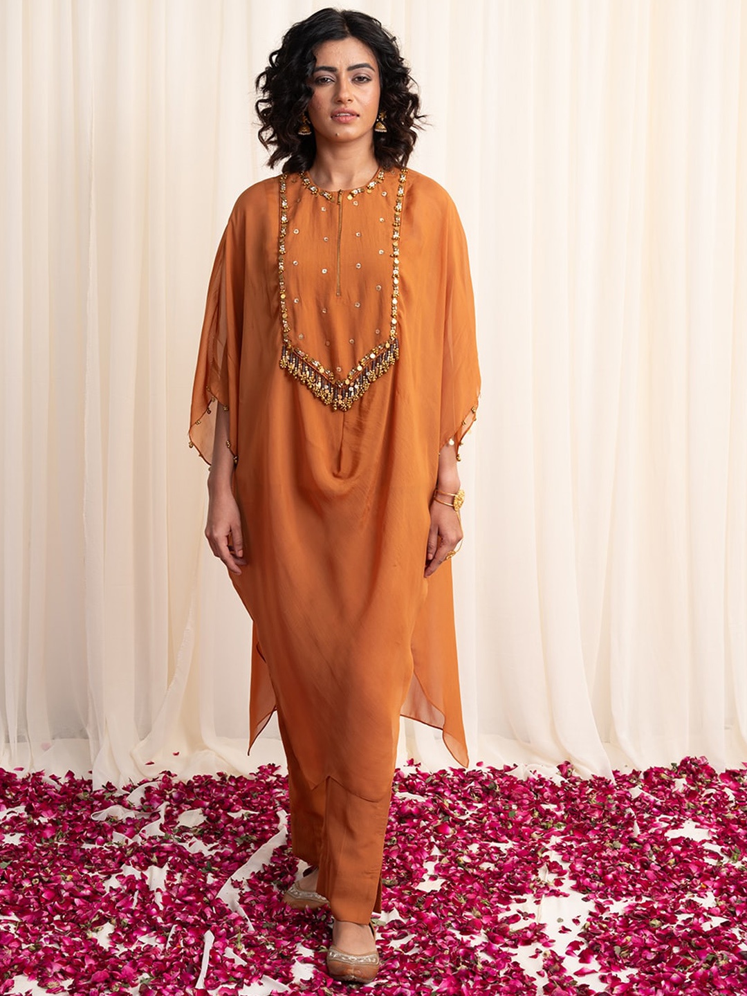 

RIRASA Embellished Organza Tunic & Trousers, Mustard