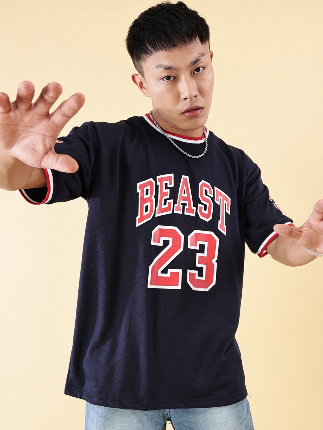 

Rodzen Men Varsity Printed Pure Cotton Applique T-shirt, Navy blue