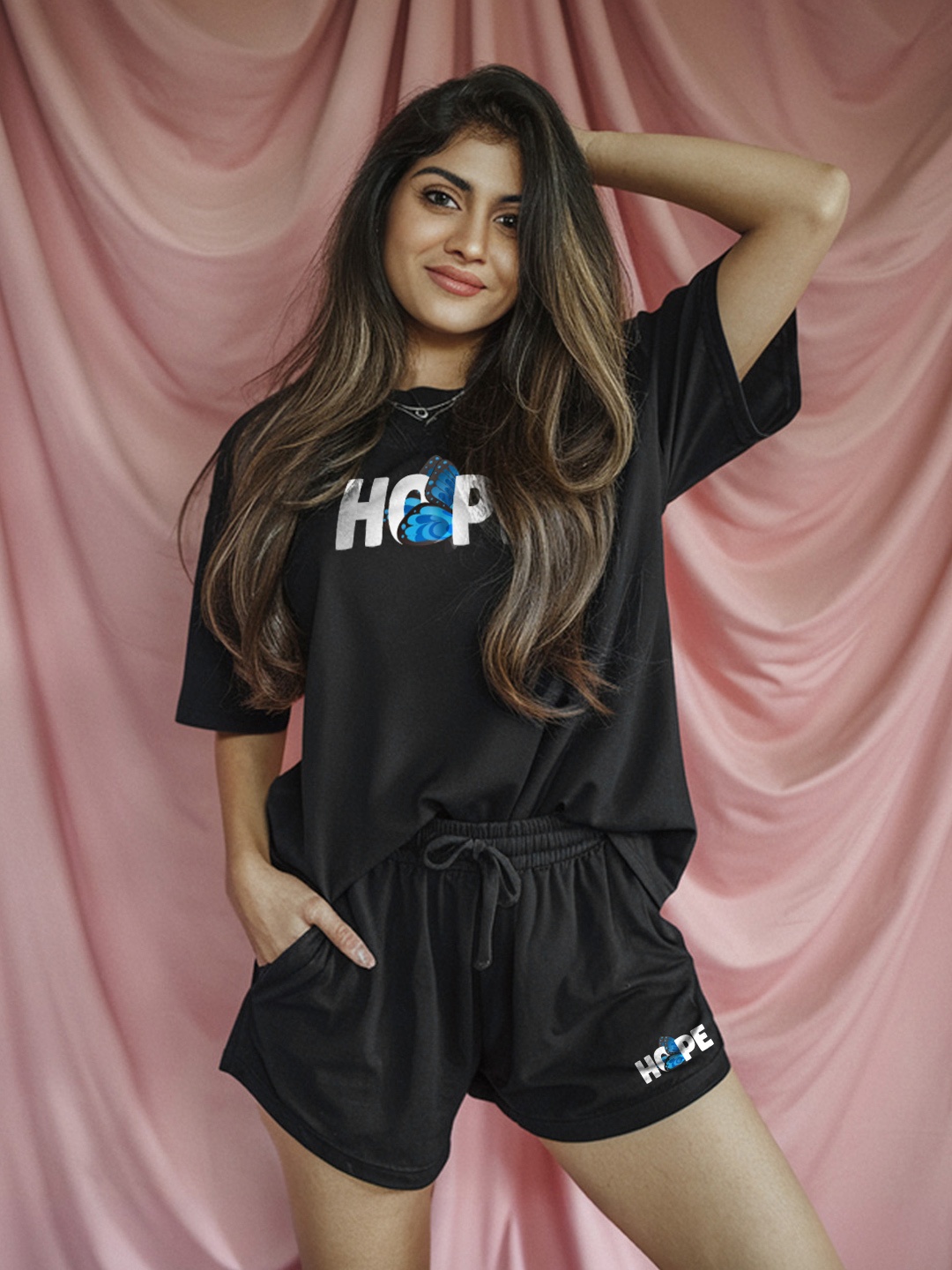 

FFLIRTYGO Printed T-Shirt With Shorts Co-Ords, Black
