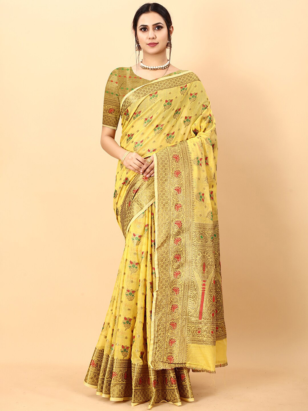

Mitera Ethnic Motifs Zari Woven Design Banarasi Saree, Yellow