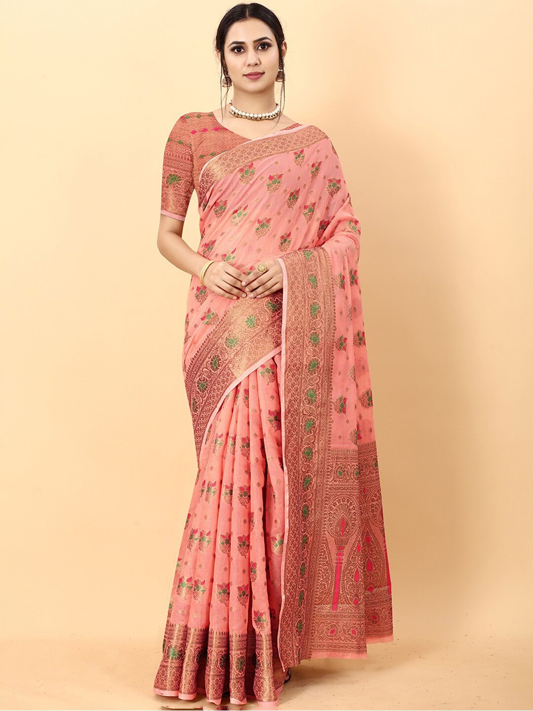 

Mitera Ethnic Motifs Zari Silk Cotton Banarasi Saree, Pink