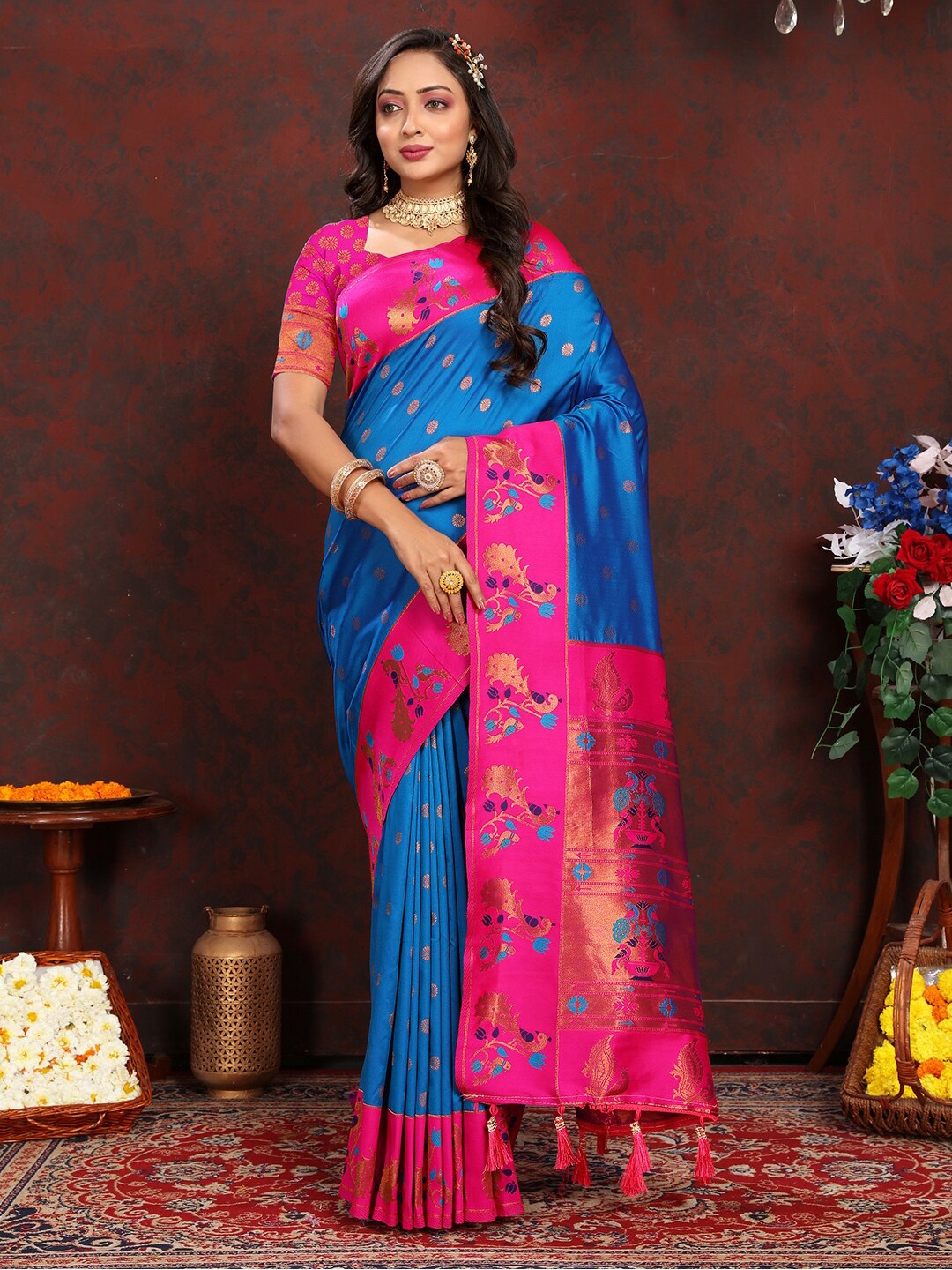 

Mitera Ethnic Motifs Zari Woven Design Paithani Saree with Tassels, Blue