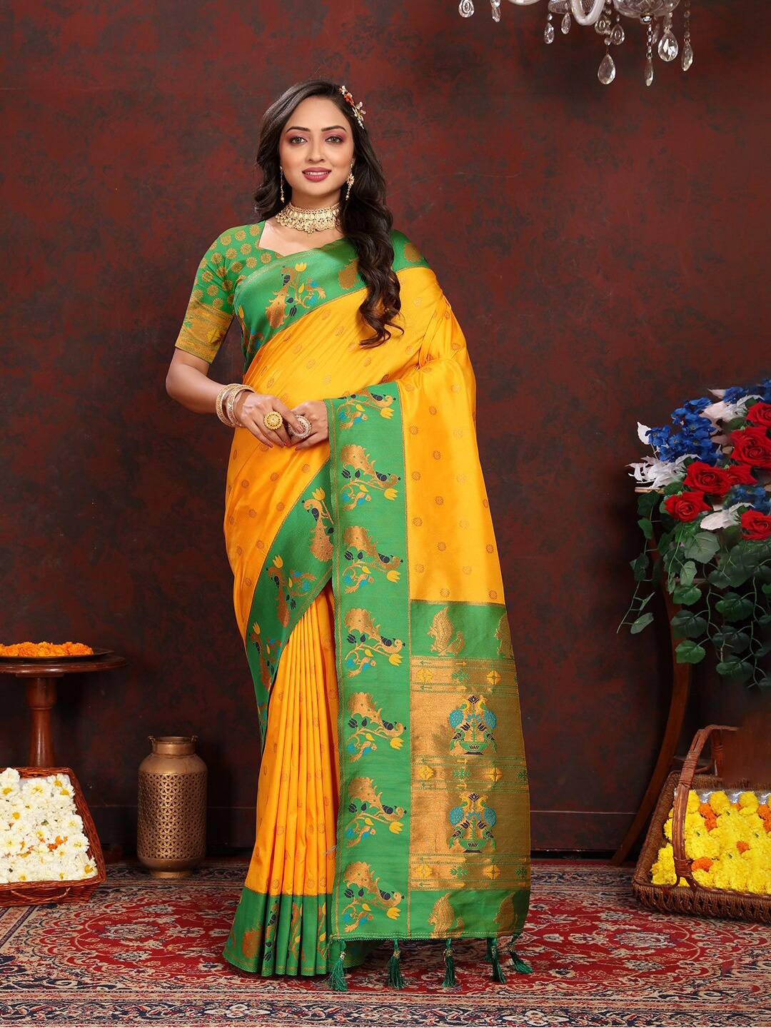 

Mitera Ethnic Motifs Zari Paithani Saree, Yellow