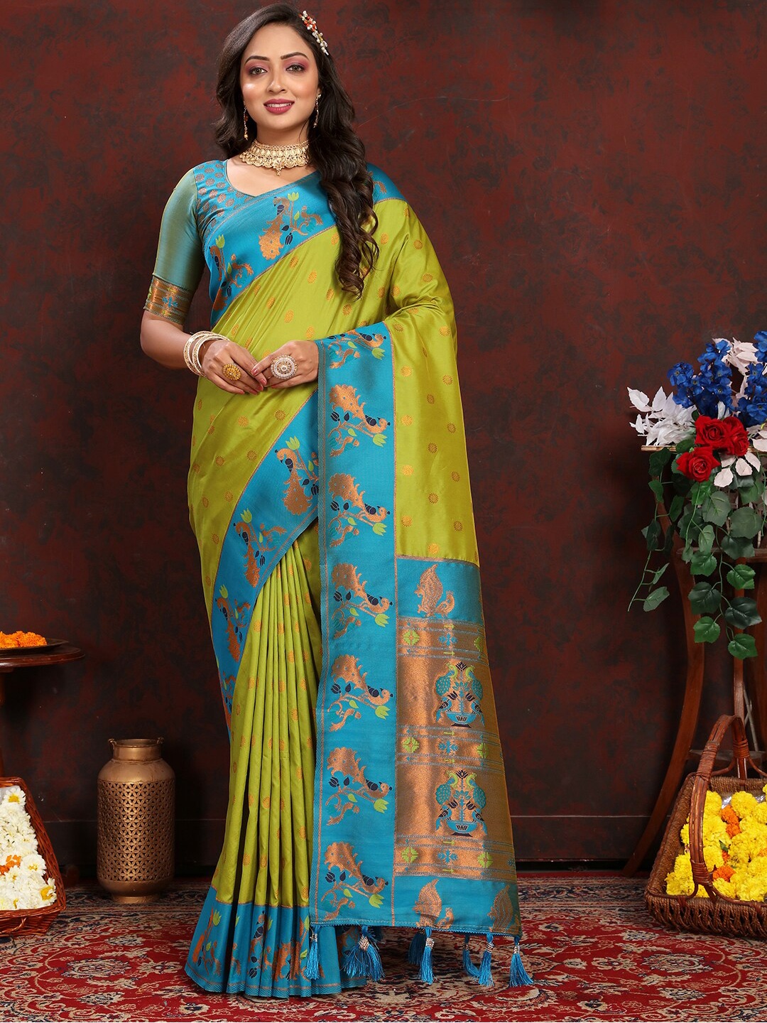 

Mitera Woven Design Zari Paithani Saree, Green