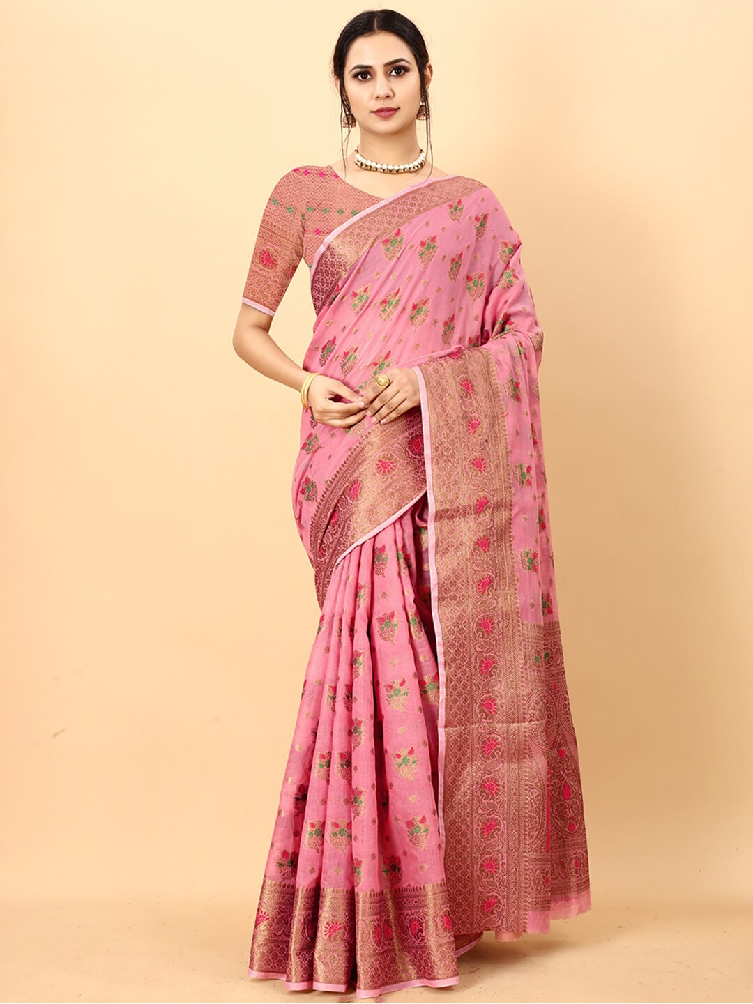 

Mitera Ethnic Motifs Zari Silk Cotton Banarasi Saree, Pink