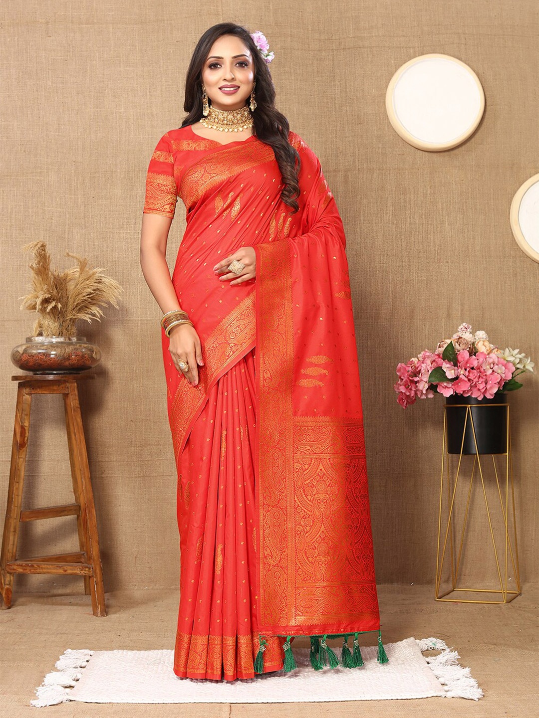 

Mitera Ethnic Motifs Zari Banarasi Saree with Tassels, Orange
