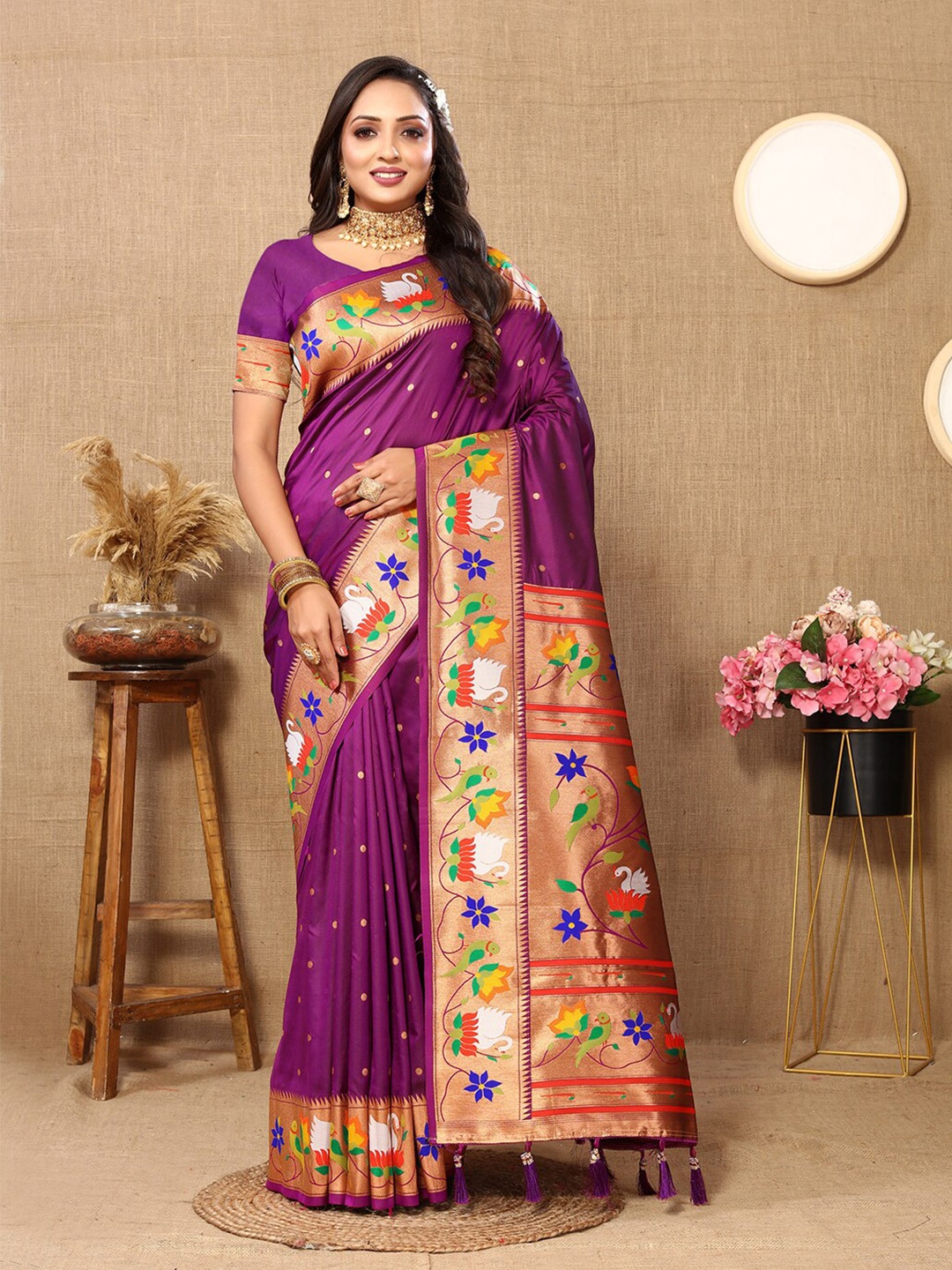 

Mitera Ethnic Motifs Zari Woven Design Paithani Saree with Tassels, Purple