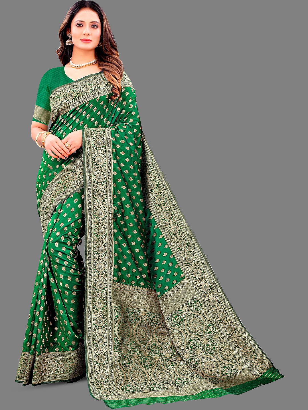 

Mitera Green & Gold toned Ethnic Motifs Zari Banarasi Saree