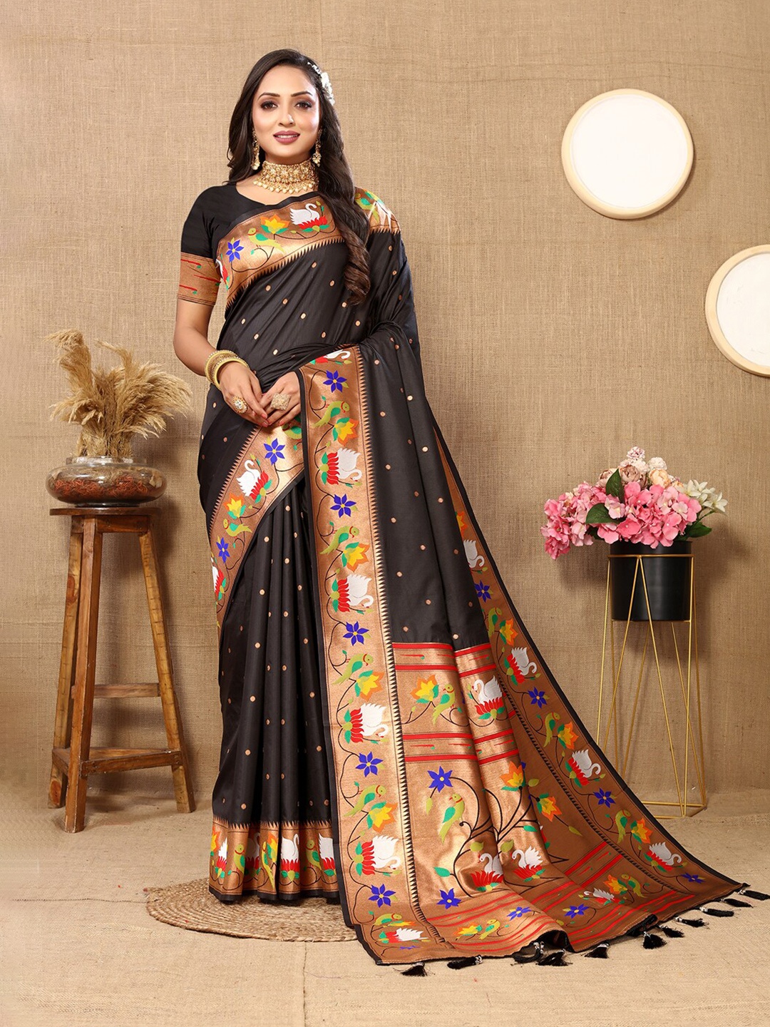

Mitera Ethnic Motifs Zari Paithani Saree, Black