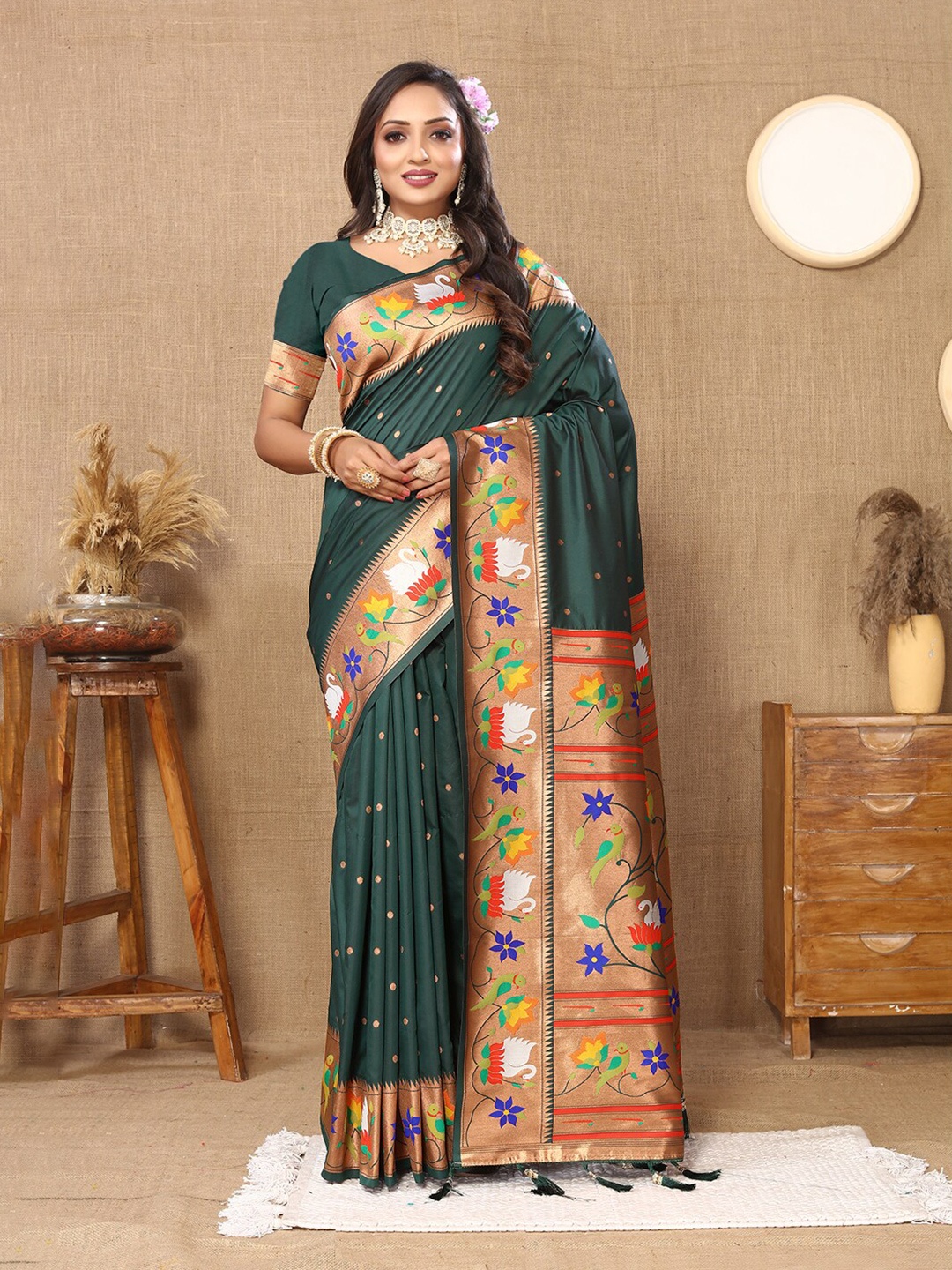 

Mitera Green & Blue Ethnic Motifs Woven Design Zari Paithani Saree